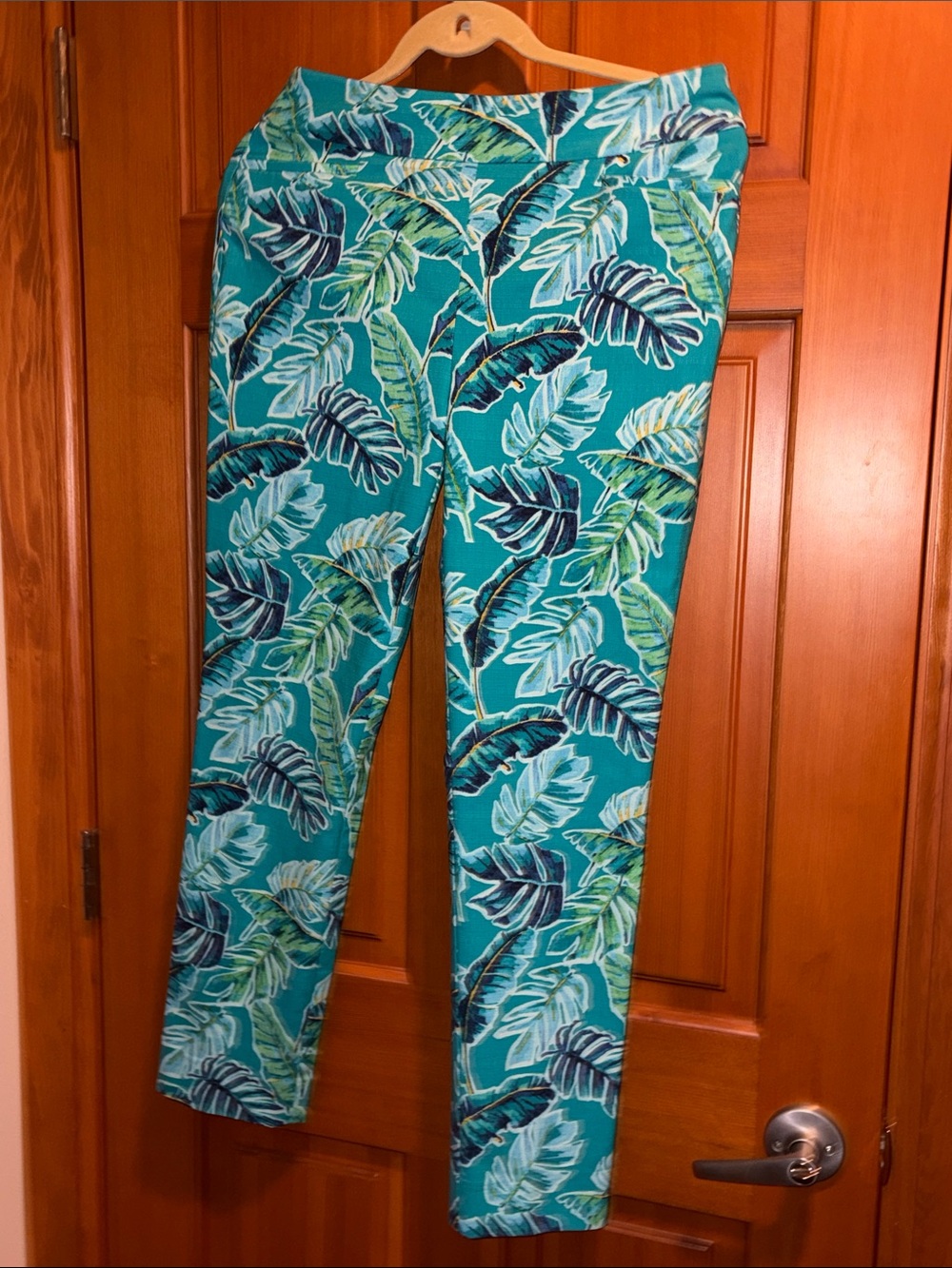 Chico's Teal Tropical Leaf Straight Leg Pants